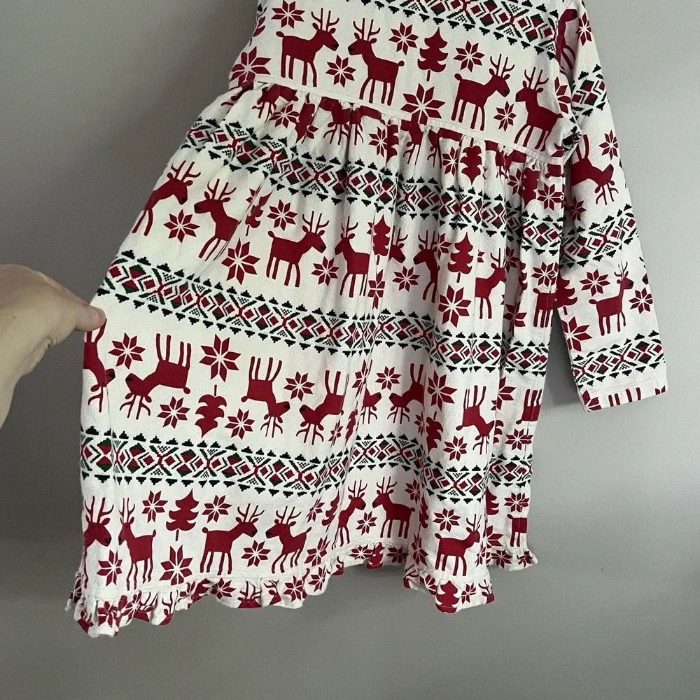 Hanna Andersson Festive Red Cream Green Holiday Reindeer Dress 6/7 Christmas